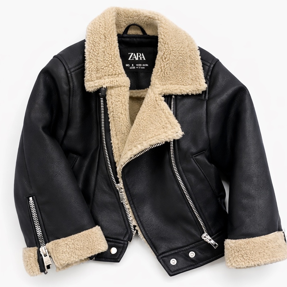 Zara Black Leather Jacket with Cream Shearling
